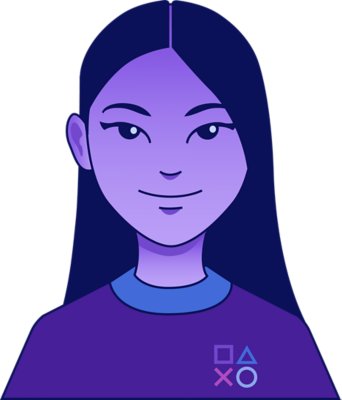 Een menselijk karikatuurportret met een kleine glimlach en kleding met het PlayStation-merk.