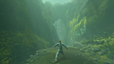 Baby Steps screenshot depicting the protagonist bracing himself to take a long step in  a luscious, greenery filled environment