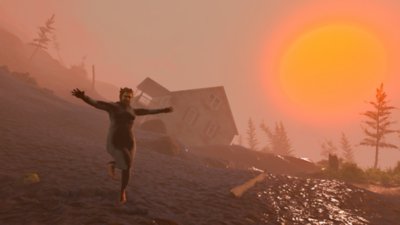 Baby Steps screenshot depicting the failson happily spreading his arms out by his side as he ambles along the mountainside at sunrise