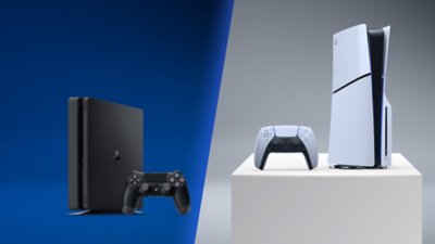 a PS4 console on blue background next to a PS5 console on grey background