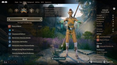《柏德之門3》螢幕截圖，呈現玩家在角色建立器中選取武僧職業。