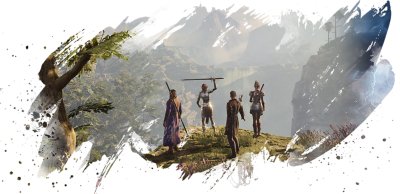 Captura de pantalla de Baldur's Gate 3 de un grupo de cuatro personajes mirando hacia un paisaje montañoso desde el borde de un risco.