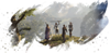 Baldur's Gate 3 screenshot showing a party of four characters looking at a mountainous landscape from a cliff edge.