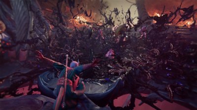 Imagen de fondo de Baldur's Gate de un personaje combatiendo contra un enemigo con forma de cerebro en un mar de tentáculos.