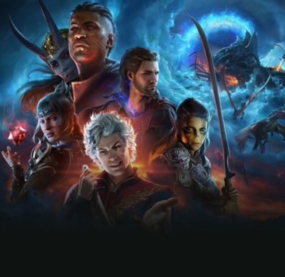 Baldur's Gate 3 keyart, featuring companions including Gale, Shadowheart, Astarion, Wyll and Lae'zel.