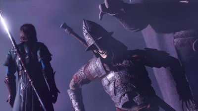 Baldur's Gate 3 screenshot showing a character facing a scary-looking mechanical soldier.