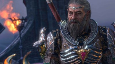 Captura de pantalla de Baldur's Gate 3 que muestra a un hombre de barba y armadura frente a un farol.