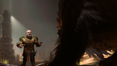 Baldur's Gate 3 screenshot showing a dwarven character facing up against a feathered beast