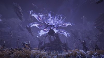 لقطة شاشة من لعبة Ballad of Antara تُظهر بيئة من عالم آخر مع وجود زهرة كبيرة الحجم في منتصف المشهد