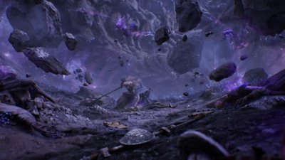 Ballad of Antara-screenshot van een gebukt personage in een rotsachtige omgeving met paars licht