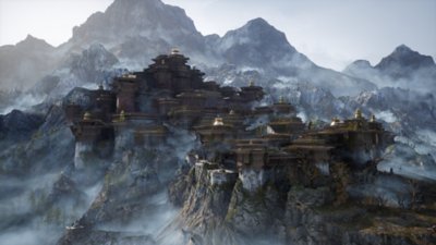 لقطة شاشة من لعبة Ballad of Antara تُظهر مدينة كبيرة مبنية وسط الجبال