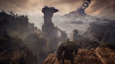 Captura de tela de Ballad of Antara mostrando um jogador olhando para um cenário amplo com uma estrutura imponente ao fundo