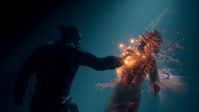 Captura de pantalla de Banishers: Ghosts of New Eden que muestra a Red atacando a un espíritu