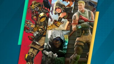 PS4- ja PS5-konsolin parhaat battle royale -pelit – promokuvitusta, jossa esiintyvät pelit Apex Legends, Spellbreak, Call of Duty: Warzone ja Fortnite.