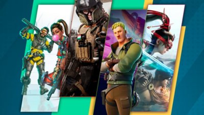 Arte promocional dos melhores jogos battle royale, com destaque para Apex Legends, Call of Duty: Warzone, Fortnite e Naraka Bladepoint