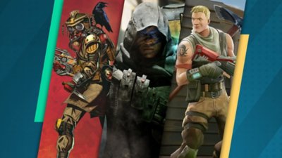 Melhores jogos de battle royale - arte promocional com Apex Legends, Call of Duty: Warzone e Fortnite.