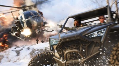 Battlefield 2042 Season 5 screenshot showing a buggy-type car speeding away from an attacking helicopter