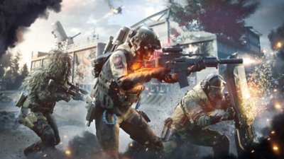 Battlefield 2042 screenshot showing three Specialists running towards combat