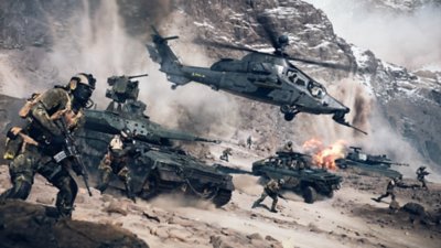 Troops, tanks, helicopters and jeeps all charging into battle.