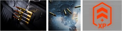 Battlefield 6 pre-order bonus image depicting the Bandolier Weapon Charm, Fallen Heroes Player Card and Tombstone XP Boost icon
