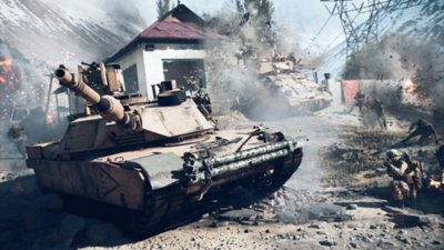 لقطة شاشة Battlefield 6 تُظهر دبابتين تسيران عبر منطقة حرب بينما يركض الجنود بينهما