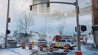 Captura de pantalla de Battlefield 6 que muestra una escena invernal de la ciudad de Nueva York con vehículos de emergencia estacionados frente al Puente de Brooklyn.
