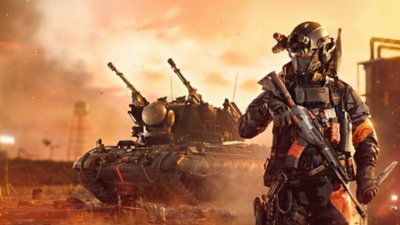 Battlefield REDSEC artwork showing a heavily armed soldier and a tank in the background