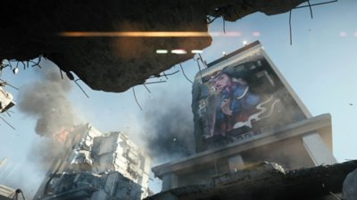 Snímka obrazovky z hry Battlefield REDSEC zobrazujúca zničené budovy.