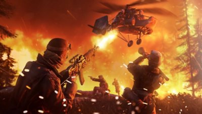 Captura de pantalla de Battlefield V Firestorm con tropas terrestres disparándole a un helicóptero