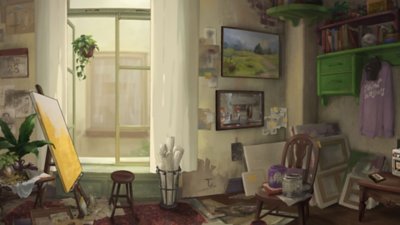 Behind the Frame: The Finest Scenery - baggrundsgrafik med en kunstners værelse