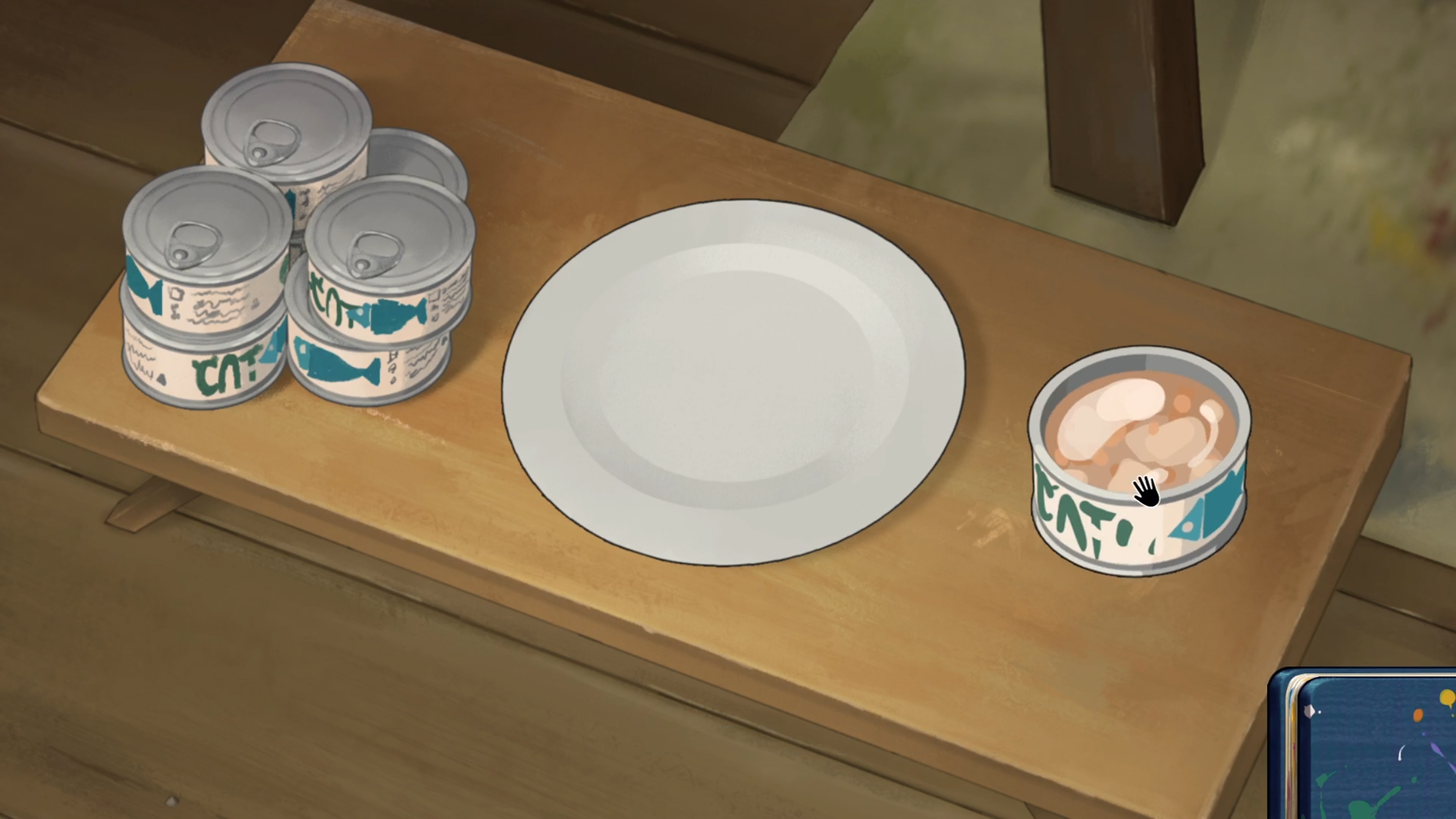 《傾聽畫語：最美好的景色》螢幕截圖，顯示桌上有一個盤子與幾個貓罐頭