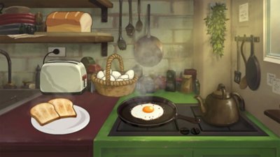 Behind the Frame: The Finest Scenery captura de ecrã que mostra um pequeno-almoço a ser preparado num fogão