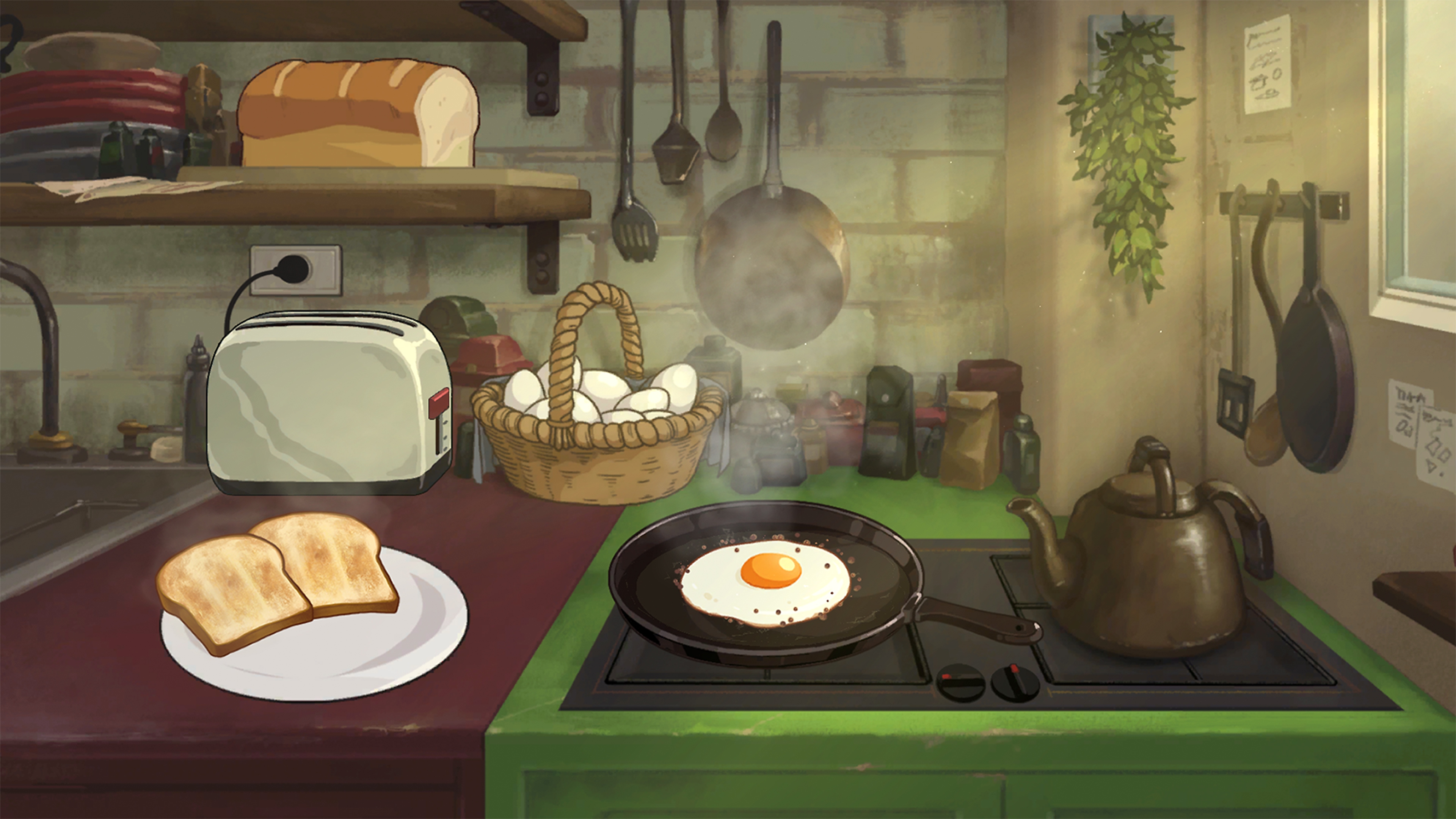 《傾聽畫語：最美好的景色》螢幕截圖，顯示料理爐上有正在烹煮的早餐
