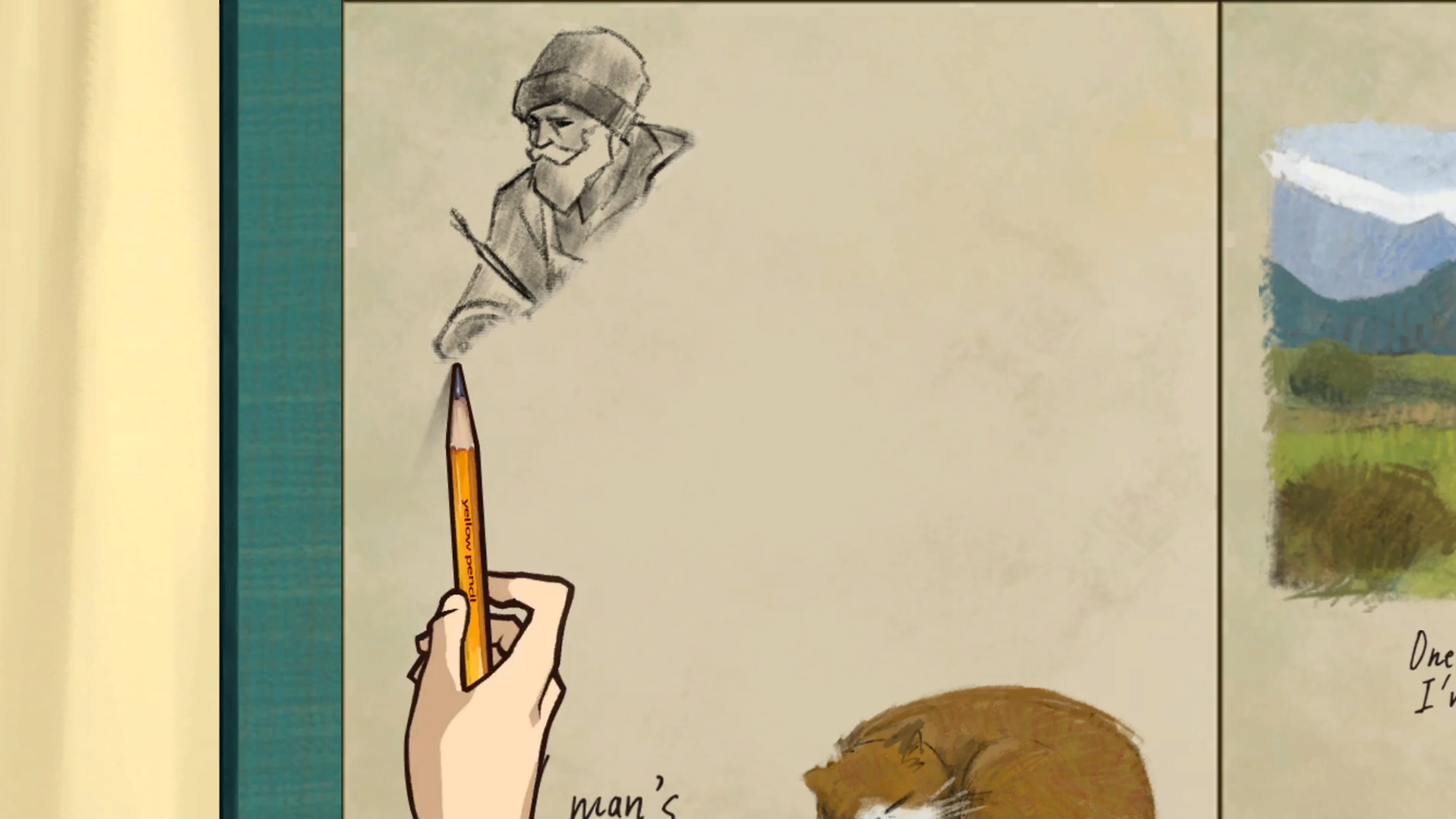 Behind the Frame: The Finest Scenery – skärmbild som visar en karaktär som ritar med en penna