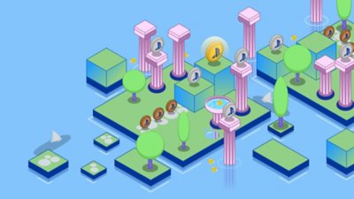 Meilleurs jeux de plateforme en 3D - Illustration montrant un paysage constitué de blocs où flottent des pièces à récupérer