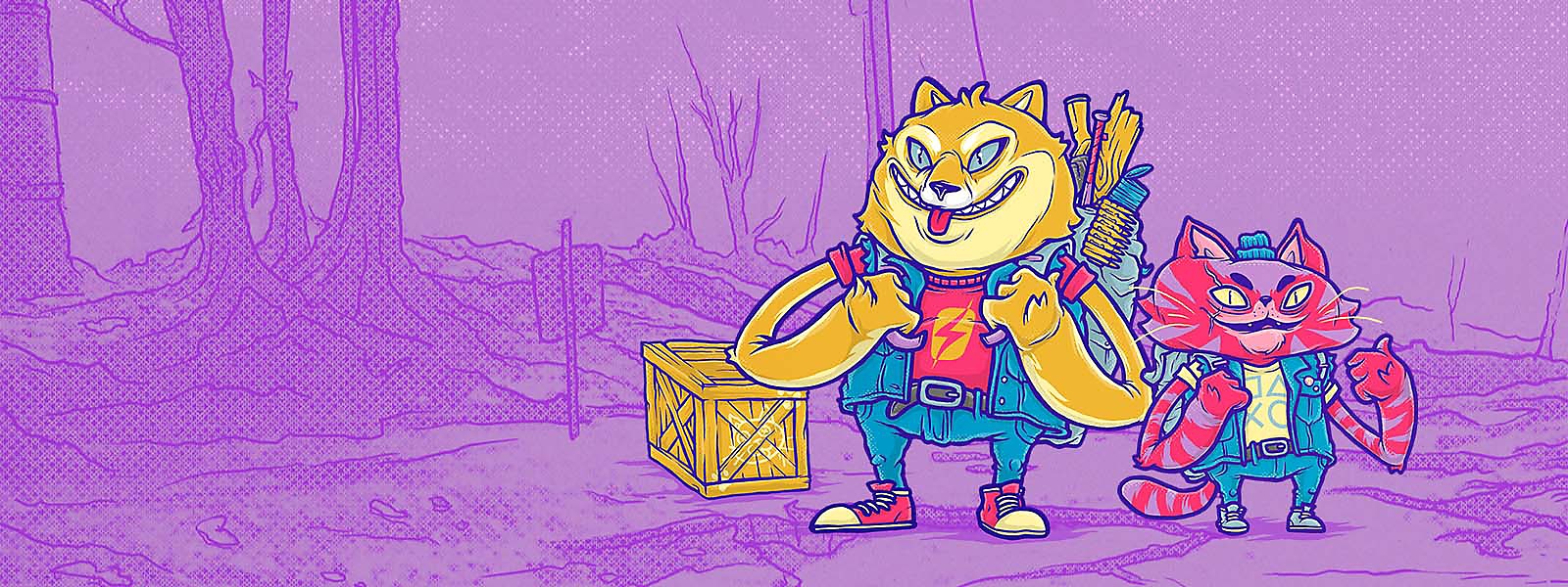 Original grafik til bedste dyr og ledsagere indenfor gaming - artikel med en kat og en hund iført postapokalyptisk beklædning op imod en ødelandsbaggrund.