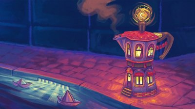 Die besten gemütlichen Spiele – Artwork mit einer Kaffeekocher-Lampe, die wie ein Haus leuchtet