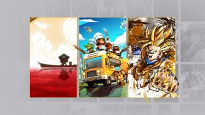 Imágenes promocionales de PS Plus con ilustraciones de Spritfarer, Overcooked! 2 y Dragon Ball FighterZ.
