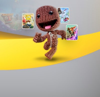 Imagem de marca do PS Plus com arte principal de Sackboy: Uma Grande Aventura e do jogo LEGO Movie.