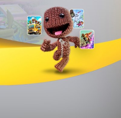 PS Plus branded artwork featuring key art from Sackboy: A Big Adventure and the LEGO Movie video game.