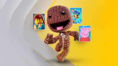 PlayStation Plus branded artwork featuring key art from My Friend Peppa Pig, Sackboy: A Big Adventure, The LEGO Movie videogame and Paw Patrol: Mighty Pups Save Adventure Bay.