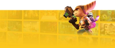 Брендированная графика PS Plus с основной иллюстрацией из «Ratchet & Clank: Сквозь миры».