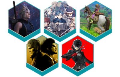Best JRPGs on PS4 and PS5 promotional artwork featuring key art from Final Fantasy VII Remake, Unicorn Overlord, Dragon Quest XI: Echoes of an Elusive Age, Yakuza: Like a Dragon and Persona 5 Royal.