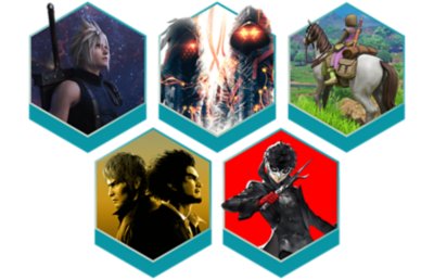 PS4和PS5上的最佳日系角色扮演游戏宣传海报展示了《最终幻想7：重制版》、《绯红结系》、《勇者斗恶龙XI：寻觅逝去的时光》、《人中之龙7　光与暗的去向　国际版》与《女神异闻录5皇家版》的主题宣传海报。