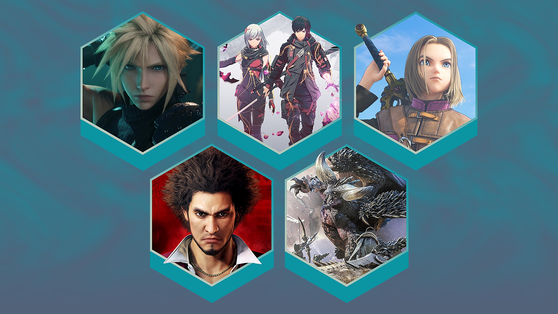 Promoillustrasjon fra de beste JRPG-spillene på PS4 og PS5, med Final Fantasy VII Remake, Scarlet Nexus, Dragon Quest Heroes XI: Echoes of an Elusive Age, Yakuza: Like a Dragon og Monster Hunter: World.