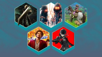 Promotionele afbeelding van de beste JRPG's met Final Fantasy VII Remake, Scarlett Nexus, Dragon Quest XI, Yakuza: Like a Dragon en Persona 5 Royal.