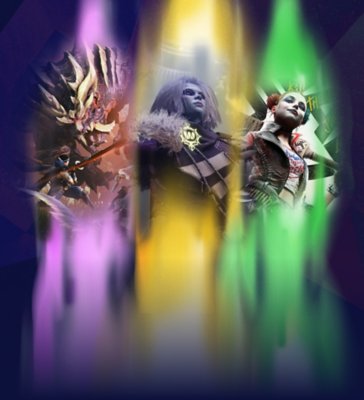 Banner de ilustración de los mejores looter shooters con imágenes de Suicide Squad: Kill the Justice League, Monster Hunter y Destiny 2