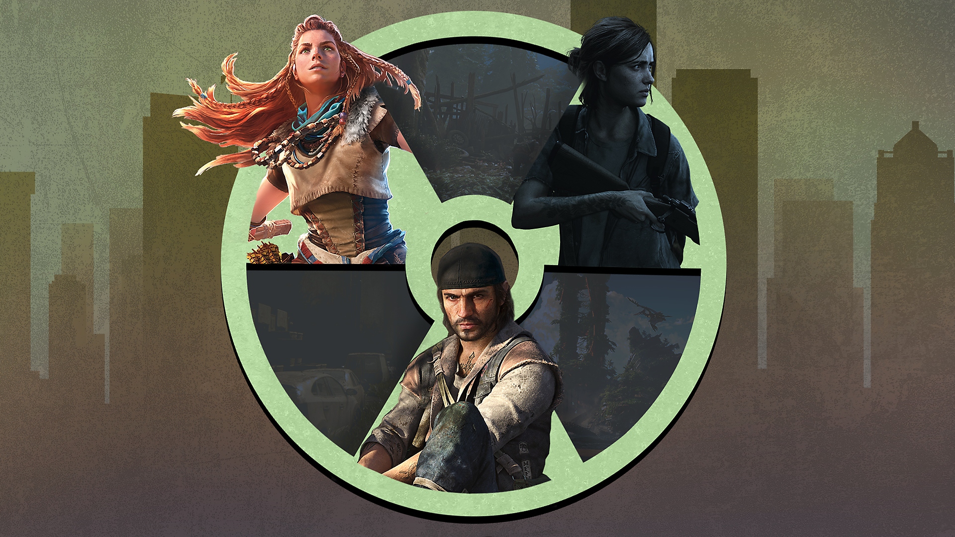 Grafika promująca najlepsze postapokaliptyczne gry na PS4 i PS5, która przedstawia The Last of Us Part II, Horizon Forbidden West i Days Gone.