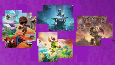 Best platform games on PS4 and PS5 original promotional art featuring Sackboy: A Big Adventure, Little Nightmare II, Yooka-Laylee and the Impossible Lair and Oddworld: Soulstorm