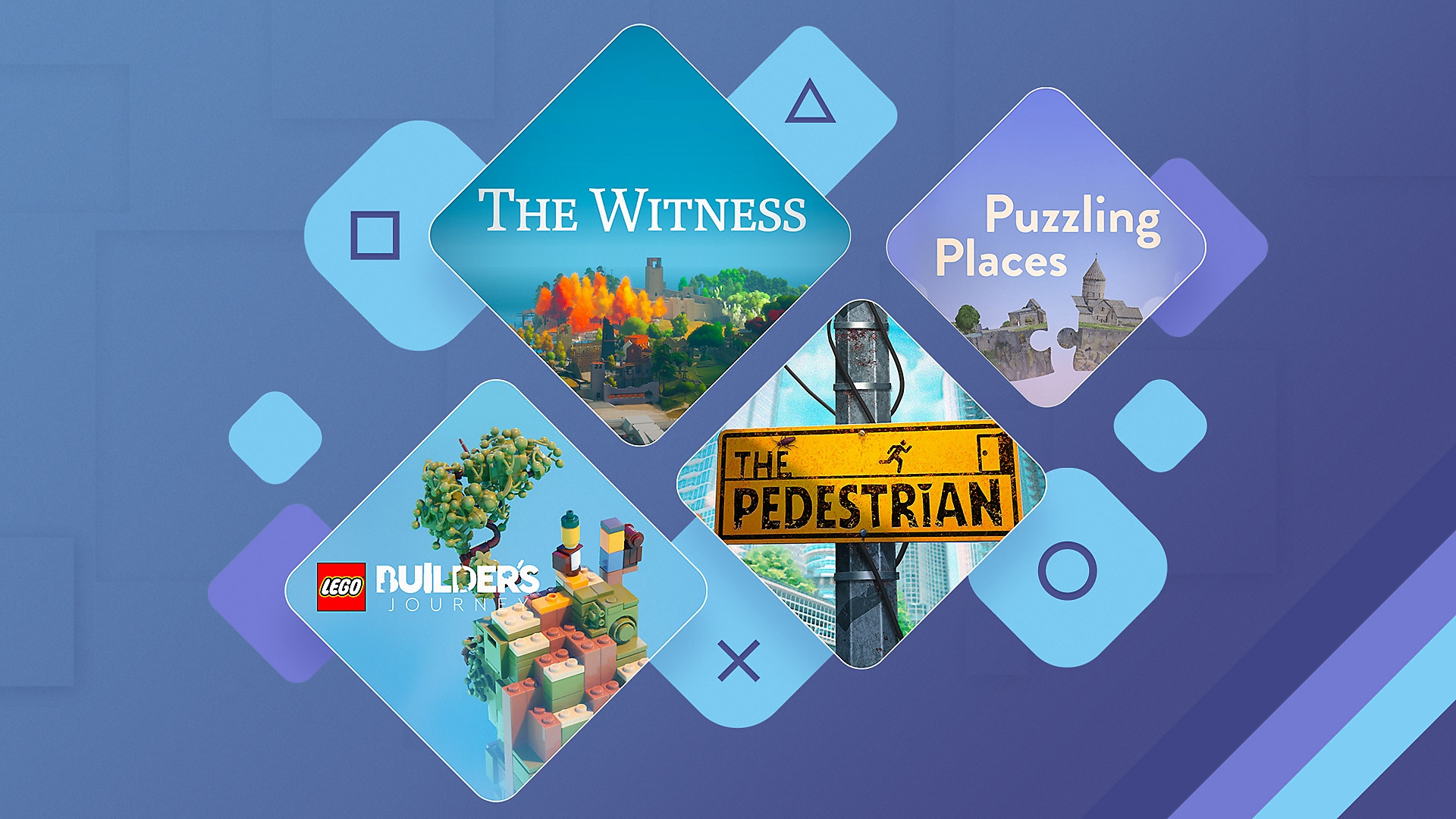 อาร์ตเวิร์กโปรโมตเกมแนวไขปริศนาที่ดีที่สุดบน PS4 และ PS5 ที่ประกอบไปด้วย The Witness, Ghost Giant, Lego Builder's Journey และ The Pedestrian